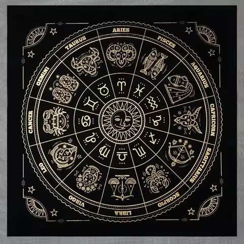 12 Sun Signs Wheel Tarot Altar Cloth with Zodiac Signs Calendar Tarot Deck for Reading Black Velvet Fabric Desk Mat Astrology