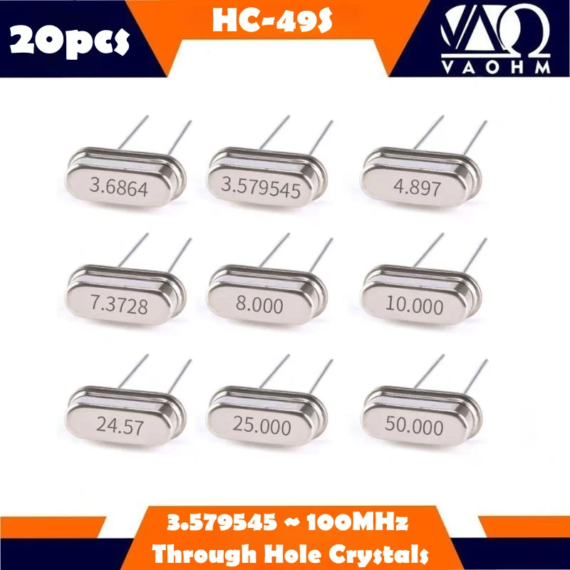 20pcs Quartz Crystal Oscillator In-line 2-pin HC-49S Passive Crystal  4MHz 12MHz 4M 8M 10M 16M24M25M 26M 32M 40M 48M100Mhz