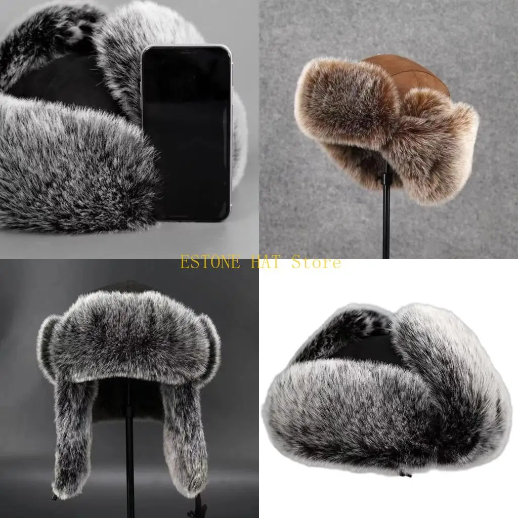 49MF Furry Lined Trapper Hat with Ear Flaps Windproof Winter Ski Hat Winter Thicken Earflap Hat for Women Men Skating