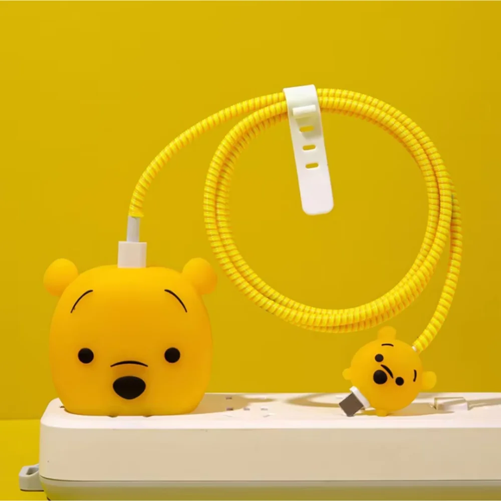 Disney Winnie the Pooh Cartoon Cable Protectors Set - Fast Charging PVC Cable Head Cover & Accessory Sleeve for IPhone 18W/20W,