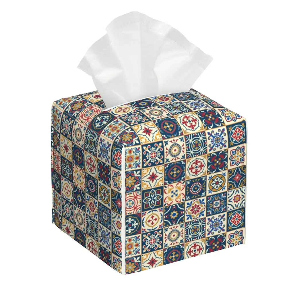

Vintage Colorful Geometric Tissue Box Holder,Cube Tissue Box Cover Holder,Leather Facial Paper Organizer Dispenser Home For
