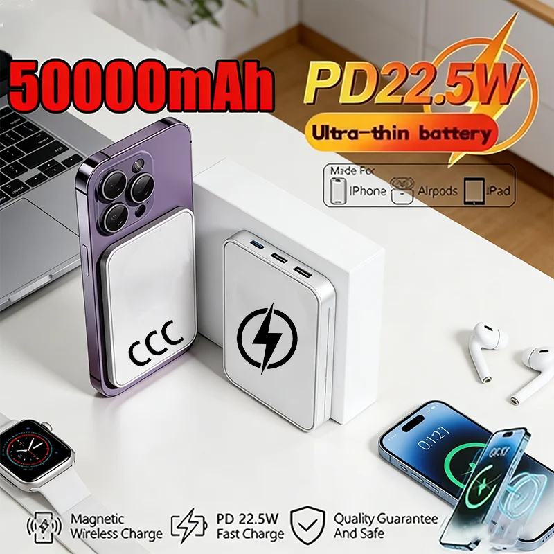 New 50000mAh Magnetic Wireless Power Bank PD 22.5W Fast Charger Powerbank Portable External Battery For iPhone Samsung 2026