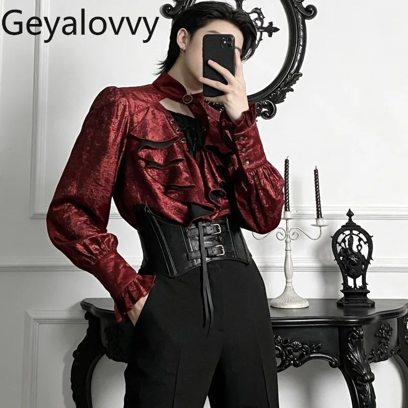 

Palace Style Lolita Prince Pure Color Shirt Medieval Retro Gilt Versatile Long Sleeves Tops Handsome Cosplay Lace-up Top