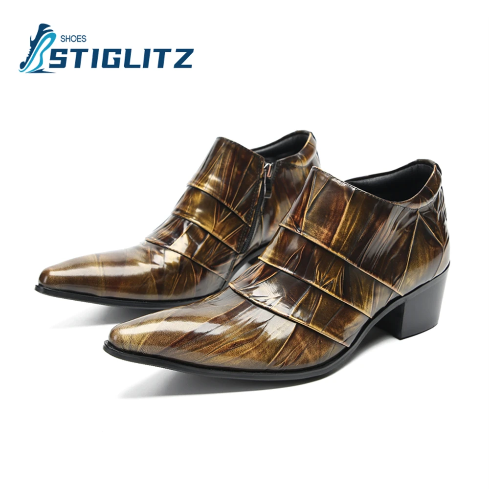 Vintage Patent Leather High Heel Chelseas Mules for Men Point Toe Square Heel Trendy Men\'s Dress Shoes Genuine Leather Loafers