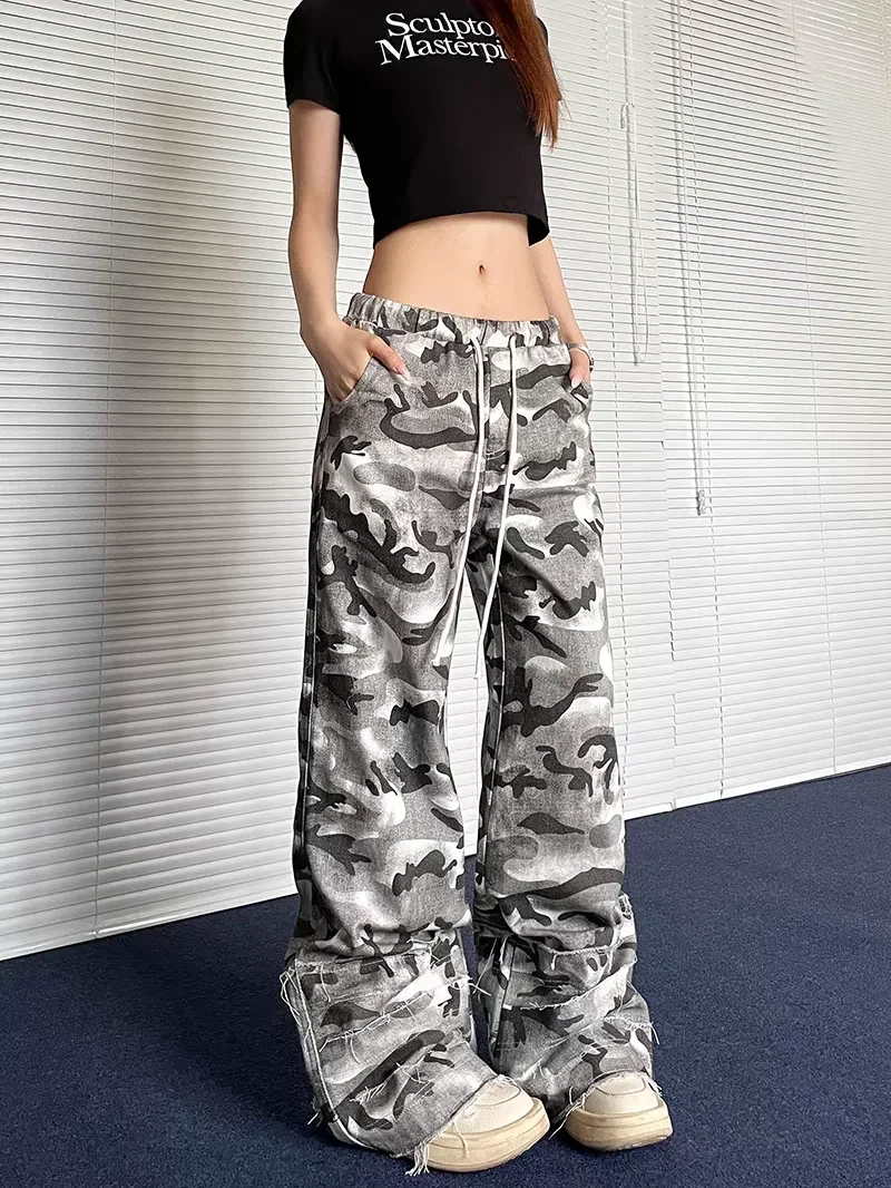 IMU Hip Hop Camouflage Cargo Pants Woman Dyeing Color Block Trend Drawstring Y2k Harajuku 90s Aesthetic Baggy Pants y2k pants wo