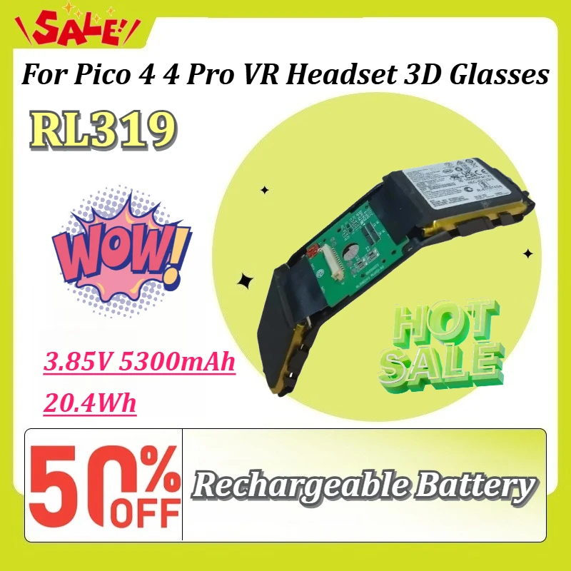 For Pico 4 4 Pro RL319 3.85V 5300mAh 20.4Wh Rechargeable Li-Polymer Battery Replacement VR Headset 3D Glasses Built-in