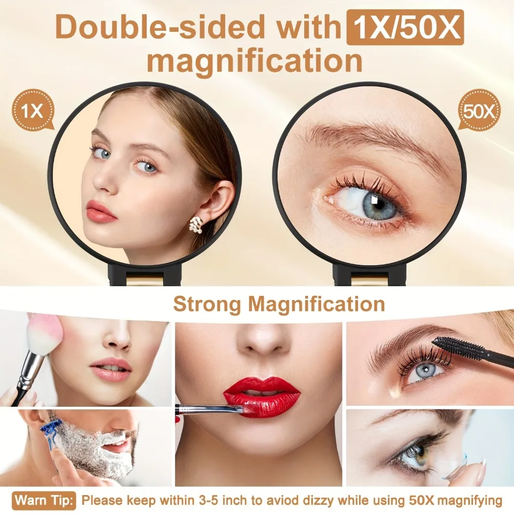 50x espejos  maquillaje  mano  doble cara 1X/50X aumento espejo  maquillaje plegable portátil para viajes 360 °   Espejo