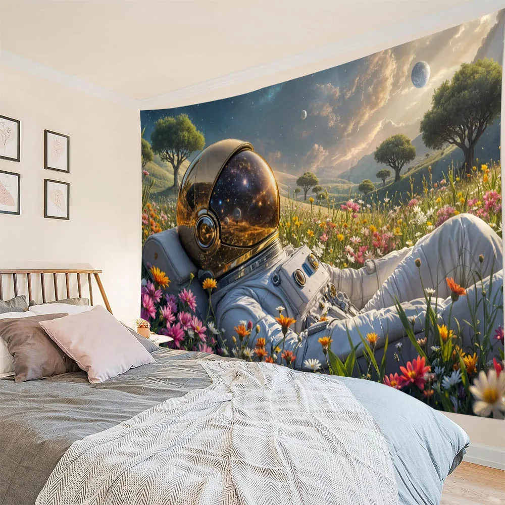 Neon Galaxy Astronaut Tapestry with Forest Flowers And Space Plants - Ideal for Bedroom Wall Decoration