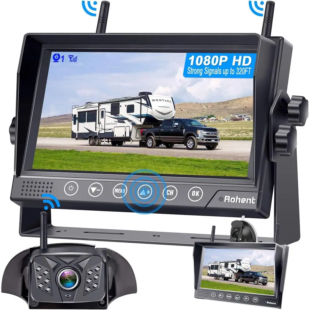 Wireless HD 1080P Waterproof Dual Antenna Digital Signal Backup Camera System for Trailers and RVs with 4-Channel 7 Touchscreen
