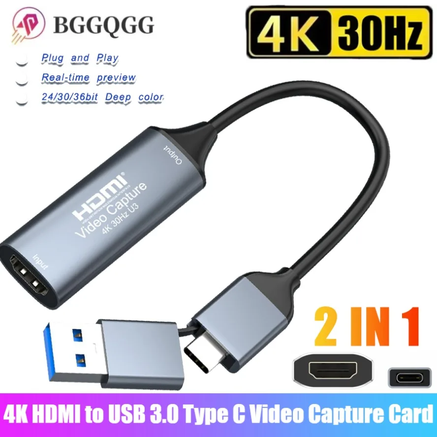 

2 in 1 HDMI Video Capture Card Type C USB 3.0 To HDMI Adapter Grabber Record Adapter for Gaming Live Streaming Video TV Recorder