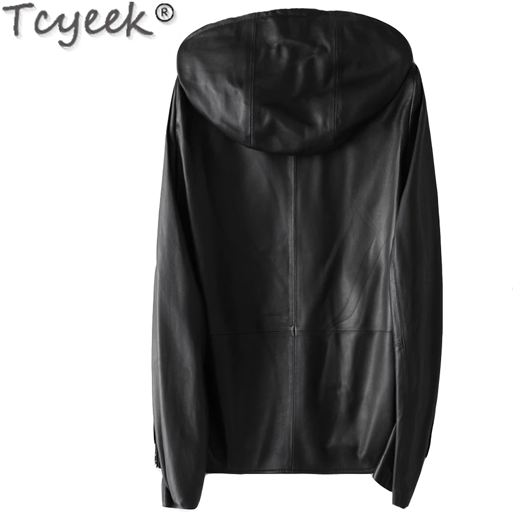 Tcyeek-abrigo de piel de oveja auténtica para Mujer, Chaqueta con capucha, a la moda, de alta calidad, 100%