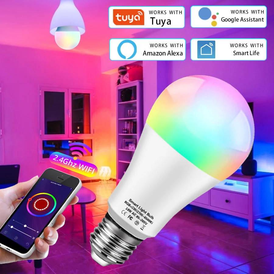 Tuya Smart Light Bulb Led Bulb E27 12W 15W 18W For Home 220V 110V Wifi RGB Alexa Alice Yandex Station Voice Control Dimmable