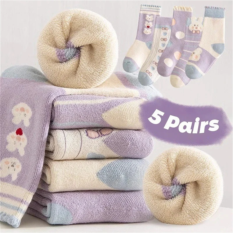 5 Pairs Girls Thick Socks Cute Cartoon Bunny Children Socks New Winter Warmth Purple Mid Tube Socks Autumn Winter Student Sock
