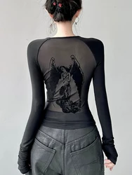 HOUZHOU Gothic See Through Angel Graphic Print T-shirt for Women Goth Punk Slim Fit Sexy Mesh Y2k Long Sleeve Grunge Transparent