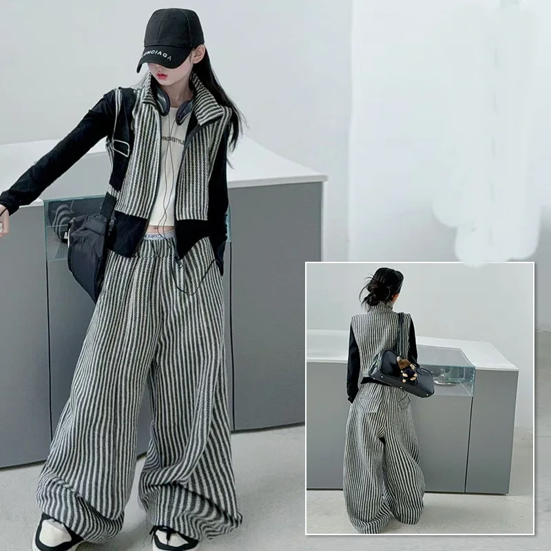 Girls Clothes Spring Autumn Balck Long Sleeve Splicing Striped Jacket+ Loose Pants Sets for Child Kids Sportswear Clothing Suit