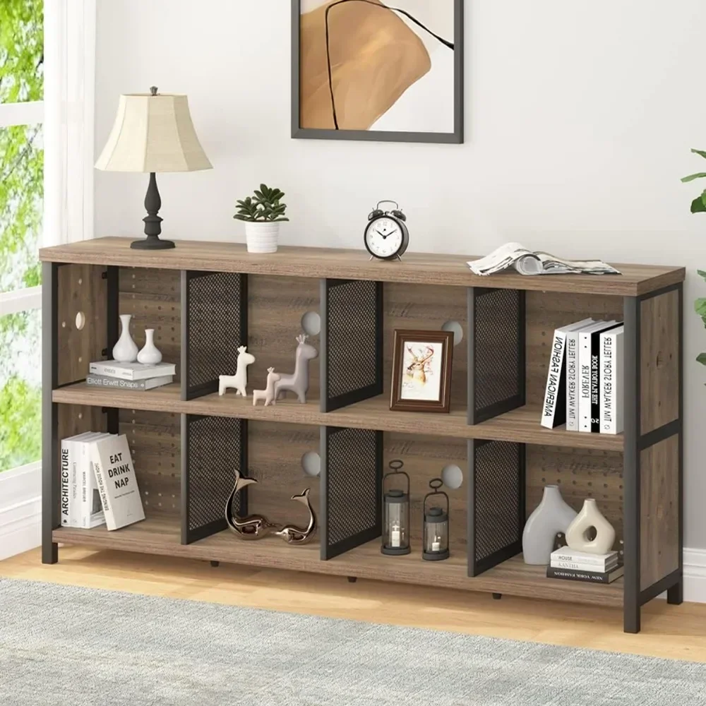 Industrial Horizontal Bookshelf, 4 5 6 7 8 Cube Storage Organizer Bookcase, Modern Wide Large Book Shelf for Bedroom Living Room