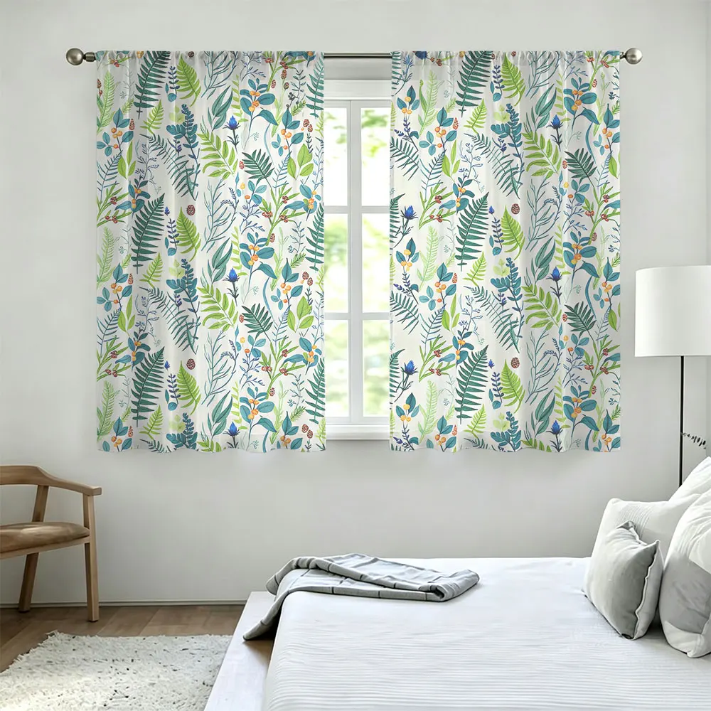 2Pcs Rod Pocket Curtain Light Block Privacy Drape Living Bedroom Green Foliage Berry Plant Print Window Curtain For Home Deco