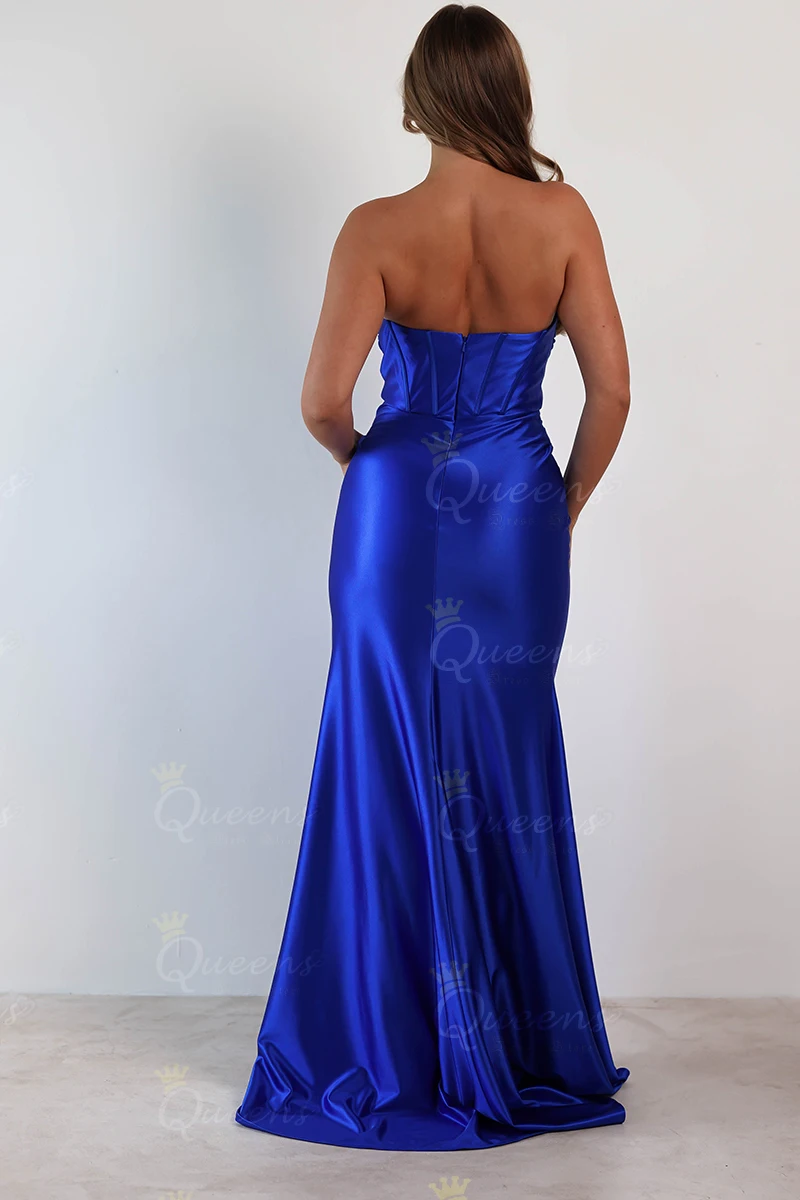 QueensLove Royal Blue Bridesmaid Dress Sweetheart Backless Evening Dress Long Satin Prom Dress Split Spaghetti Dress