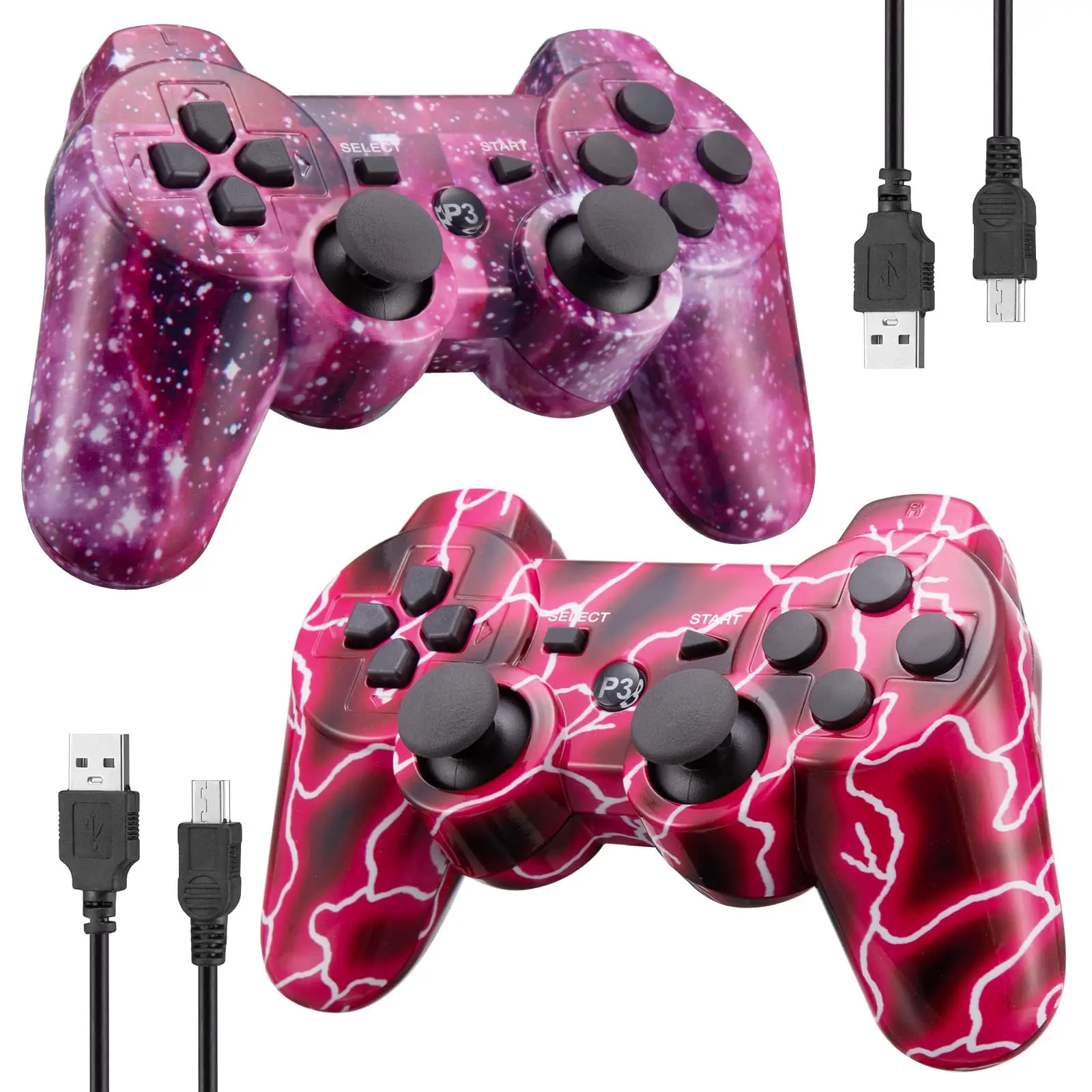 2 Pack PS3 Wireless Controller Playstation 3 Controller Wireless Bluetooth Gamepad with USB Charger Cable for P3 Console