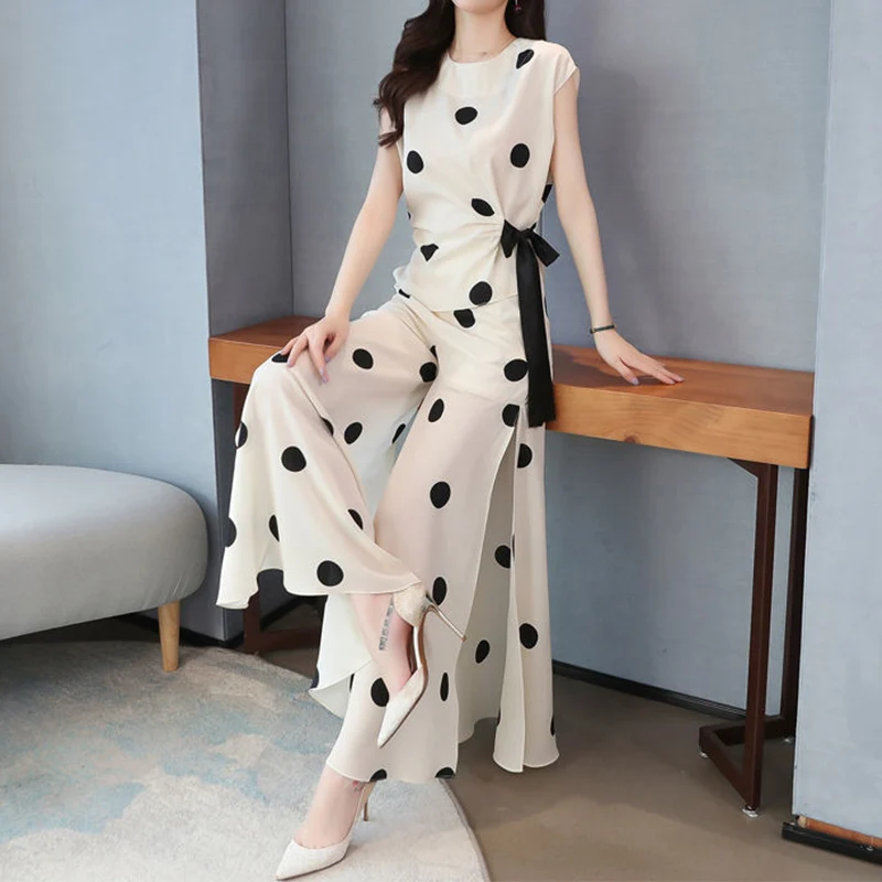 Elegant Fashion Polka Dot Print Pant Sets Summer 2023 O-Neck Short Sleeve Blouse Elastic Waist Wide Leg Pants Loose Women\'s Sets