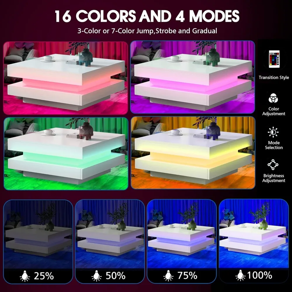 Modern 2-Tier LED Square Coffee Table with 16-Color Plug-in for Living Room