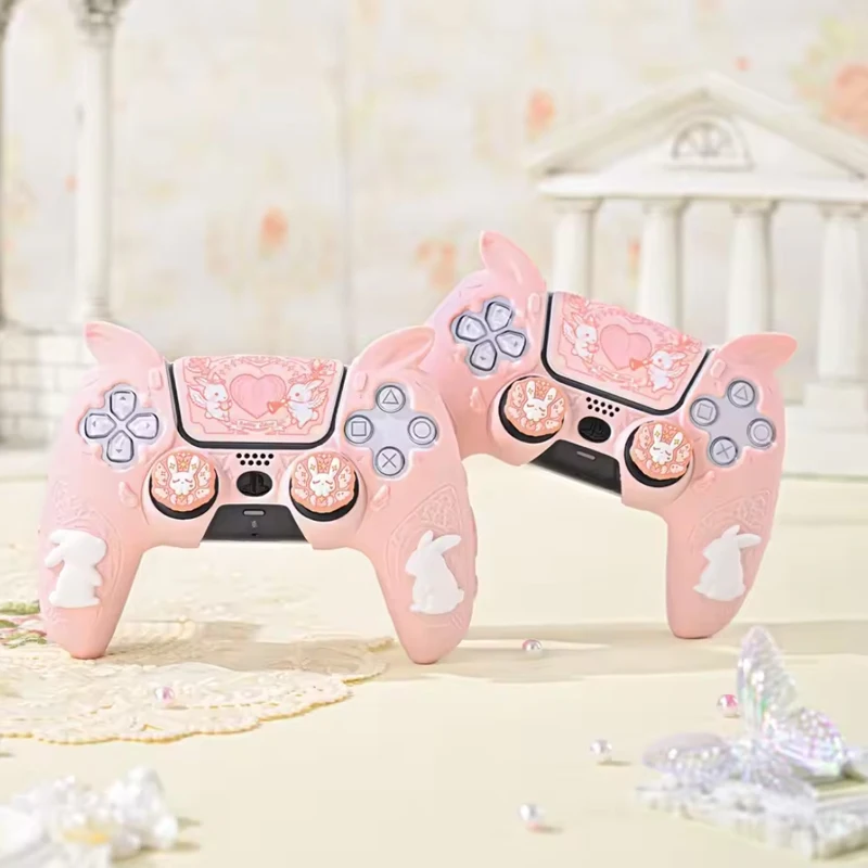 Pink Gothic Rabbit Ear Silicone Soft Protector Sticker Skin For Sony Dualsense 5 PS5 Controller Case Thumb Stick Grip Cap Cover