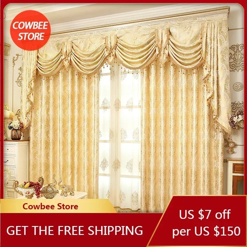 Jacquard Gold Curtains for Living Room Luxury Curtains for Bedroom Embroidered Backdrop Windows Blackout European Tulle Valance