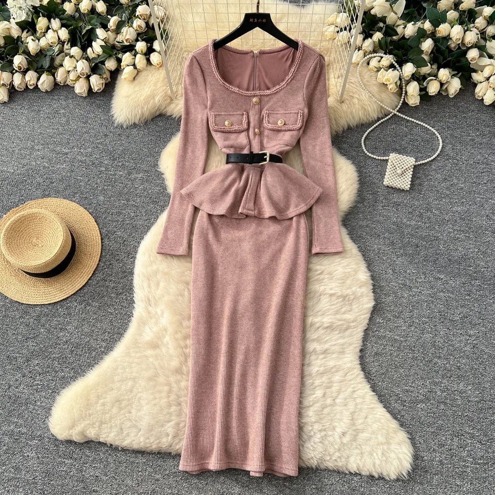 

Long Dress Women Dresses Knit Vestidos Y2k Streetwear Square Collar Full Sleeve Elegant Wrap Hip Party Night Work Autumn Winter