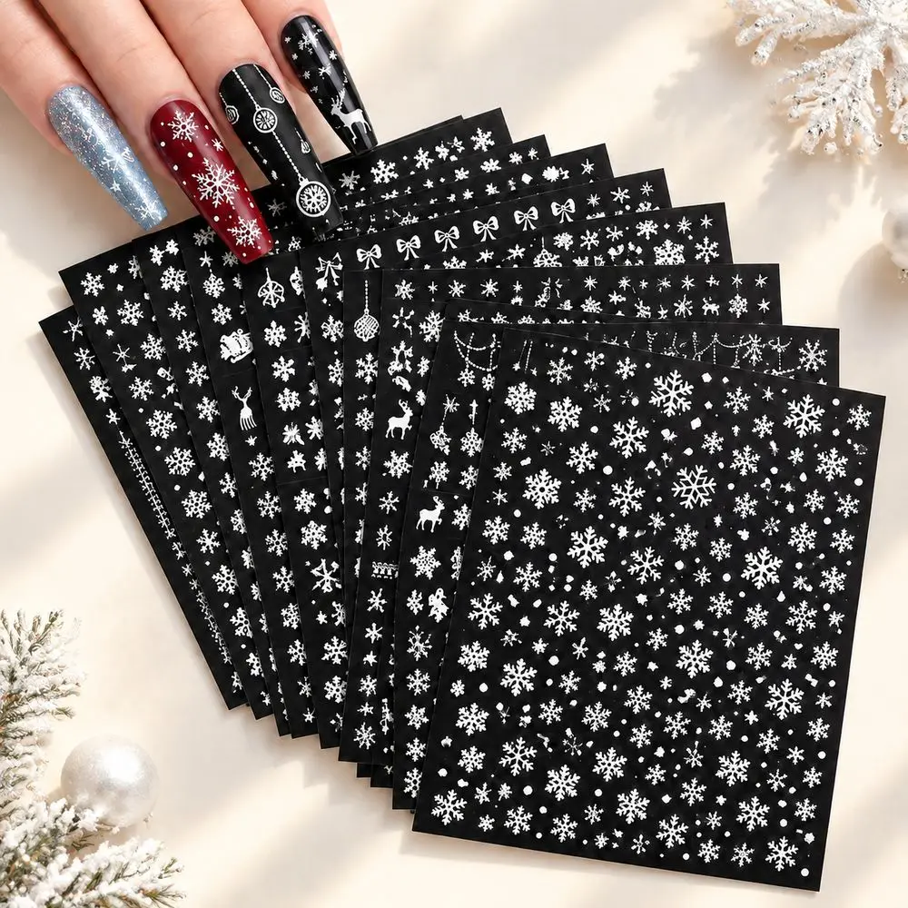 12Pcs Lightweight Festive Nail Stickers White Snowflake Sleigh Ride Pattern for Christmas Winter Salon Home Nail Art Decor Pack