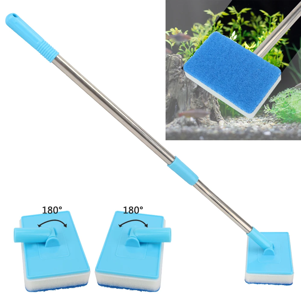 180° adjustable Double-Sided Sponge Cleaning Brush Cleaner Scrubber Aquarium Fish Tank Glass Window Algae Super Long Handle