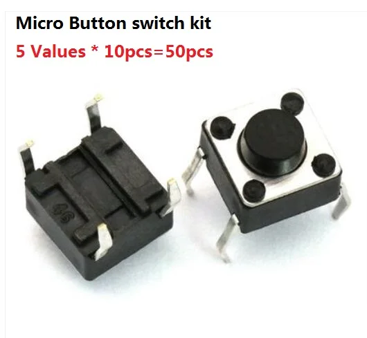 5Values * 10pcs=50pcs Micro Switch Button Kit Pack 6x6x5+ 665(with support)+6*6*7mm+6 6 10+ 3*6*5 MM SET Assorted