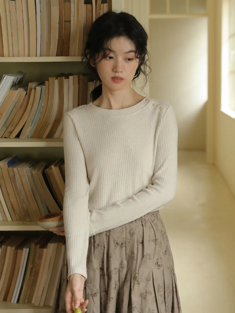 

Nesoulum Almond Beige Knitted Base irt Women's Spring Vintage Slimming Lazy Sle Top round Ne Long Sve Regular Length