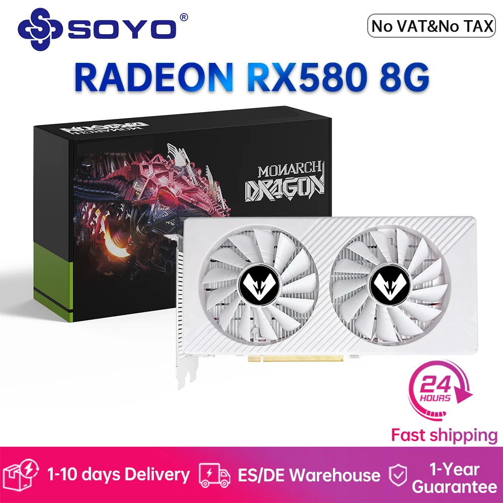 بطاقة رسومات الألعاب SOYO AMD Radeon RX580 8GB 2048SP GDDR5 256Bit PCIE 3.0 x16 DP DVI RX580 8GB GPU بطاقة فيديو للكمبيوتر المكتبي