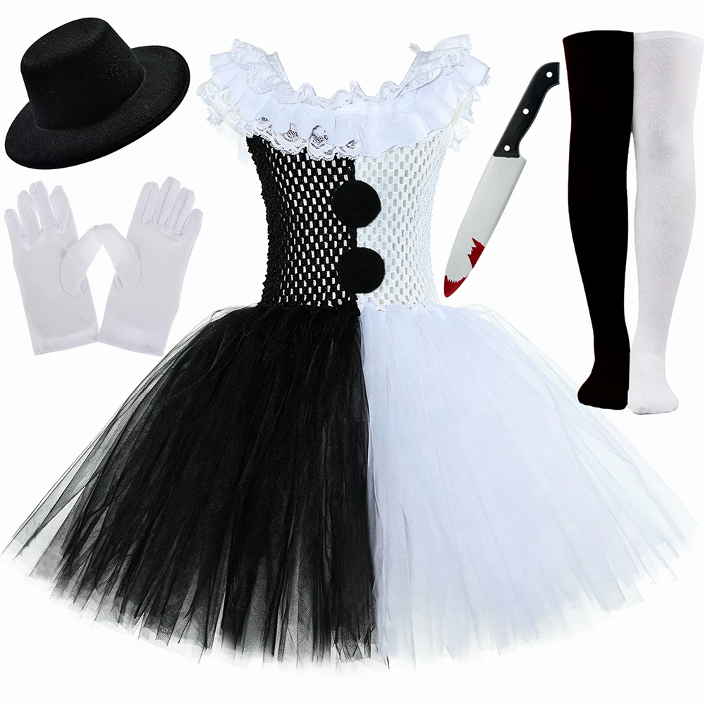 Girl Art The Clown Terrifier Costume Kids Blood Scary Killer Clown Tutu Dress for Girls Halloween Carnival Fancy Dress Up Outfit