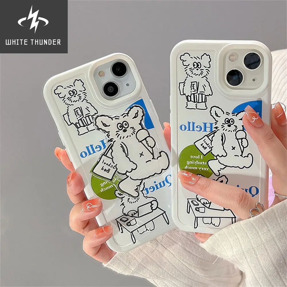 Korean Cute School Whtie Dog Stand Holder Soft Phone Case For IPhone 12 11 13 Pro Max XR X XS Max Cartoon Protective Back Cover