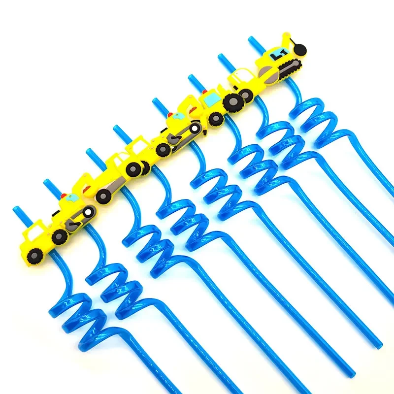 8pcs 26cm Reusable Excavator Plastic Spiral Straws Construction Vehicles Theme Kids Engineering Truck Birthday Party Supplies