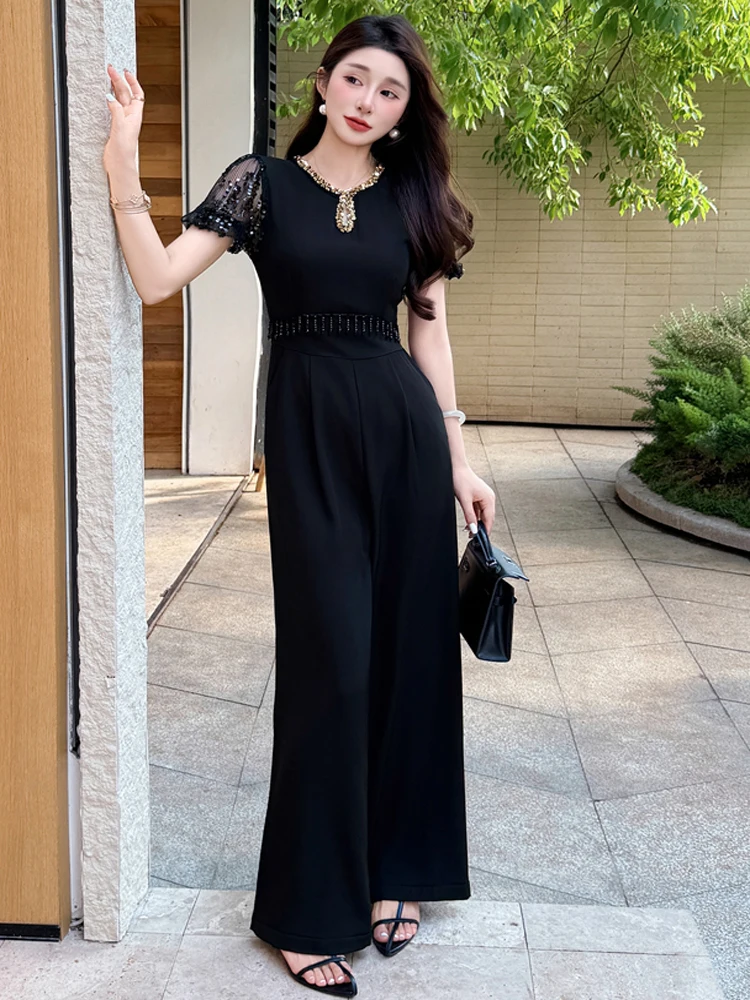 

2025 New Korean Summer Sequined Short Sleeve OL Elegant Business Jumpsuits For Women Bead Tassel Slim Waist Long Rompers