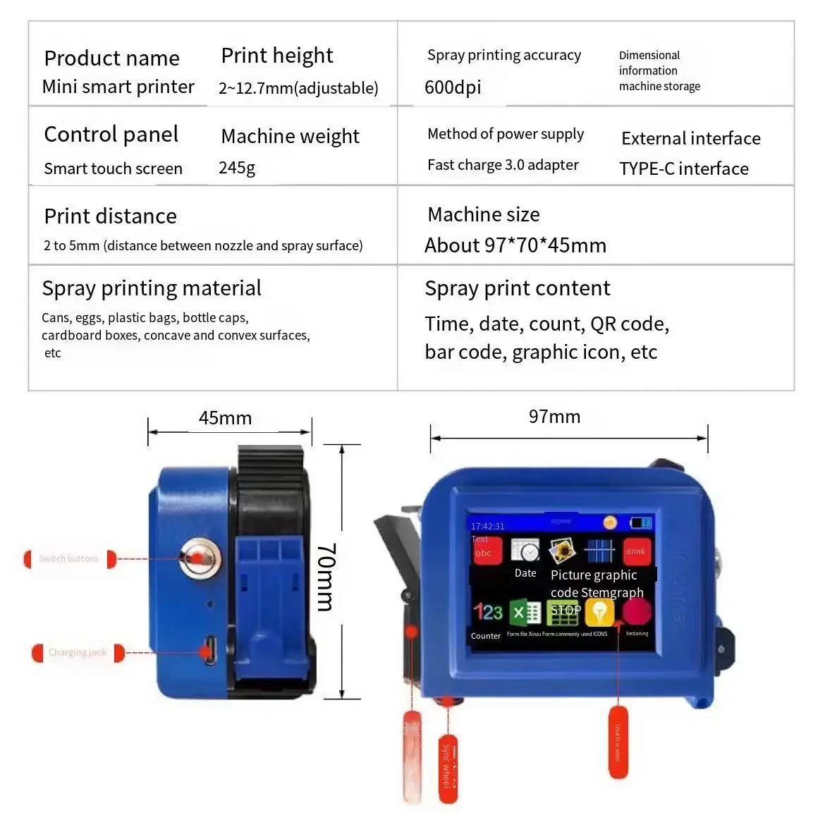 2-12.7mm Printing Height Mini Multi-Language Inkjet Printer with Touch Screen