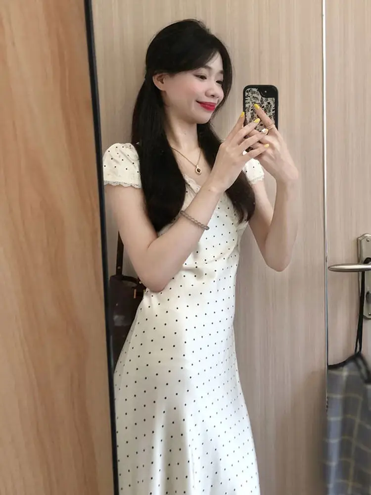 Sweet Polka Dot Slimming Long Dr Korean Sle Unique Beautiful Summer Faionable Women's Dr High Waist ort Sve V-...