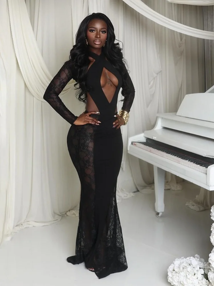 Wmstar vestidos para mulheres atacado vestido feminino sexy renda halter e cordão emparelhado manga comprida xale gota compras