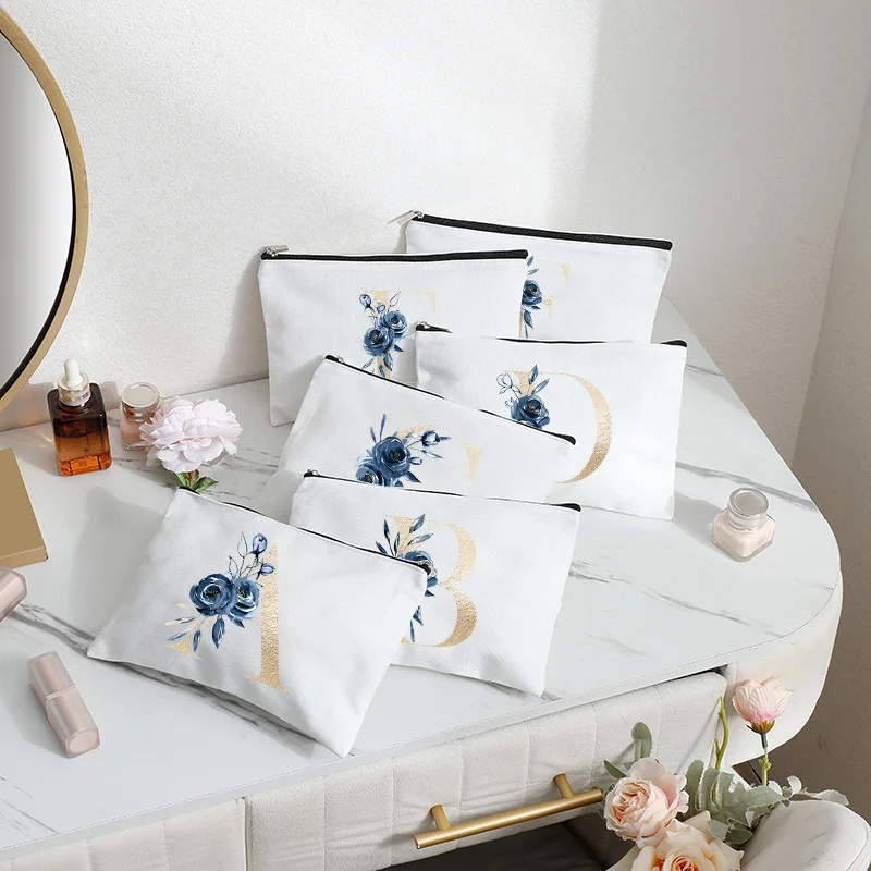 

A-Z Letters Flower Makeup Printed Bridesmaid Wedding Gift Graduation Teacher's Day Gift Storage Bag Travel perfume Side Bag