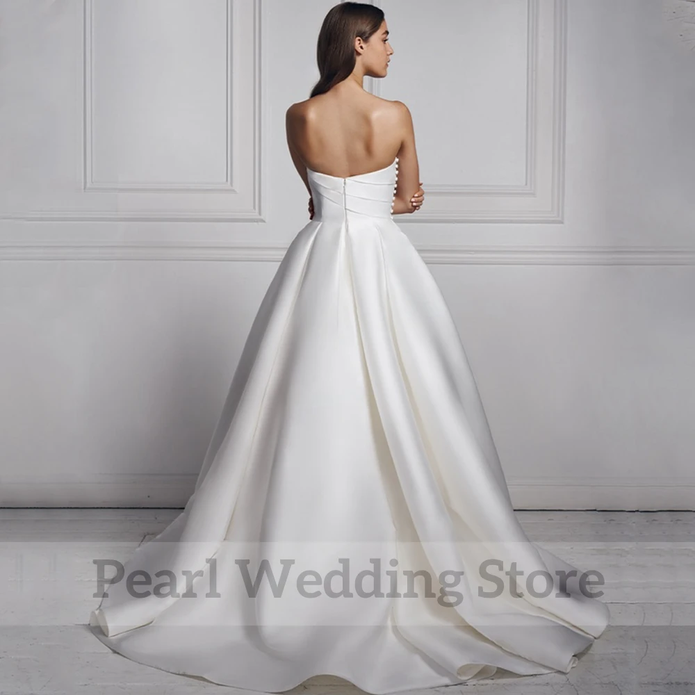 Strapless A-Line Sleeveless Wedding Dress Classic Pleat Satin Floor Length Bridal Open Back Custom Made Zipper with Button Gowns