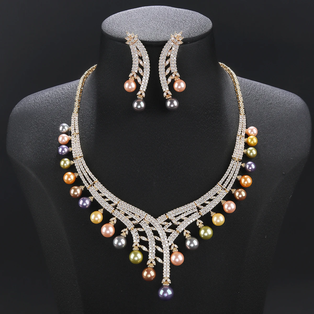 

Luxury Colors Pearl Necklace Earring Set White Cubic Zirconia Women Wedding Bridal Jewelry Party Sets CN11475