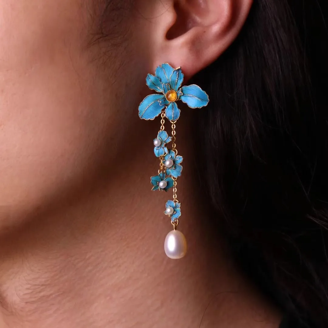 

Vintage Imitation Emerald Burned Blue Iris Tassel Earrings New Chinese Intangible Cultural Heritage Hanfu Drop Glazed Earrings