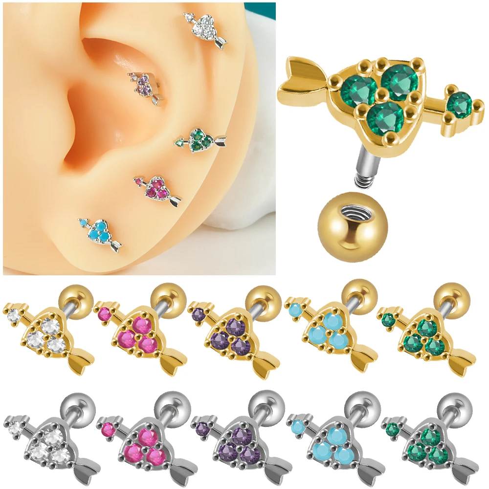 1PC Surgical Steel One Arrow Through The Heart Zircon Ear Cartilage Tragus Helix Earrings Daith Lobe Screw Piercing Body Jewelry