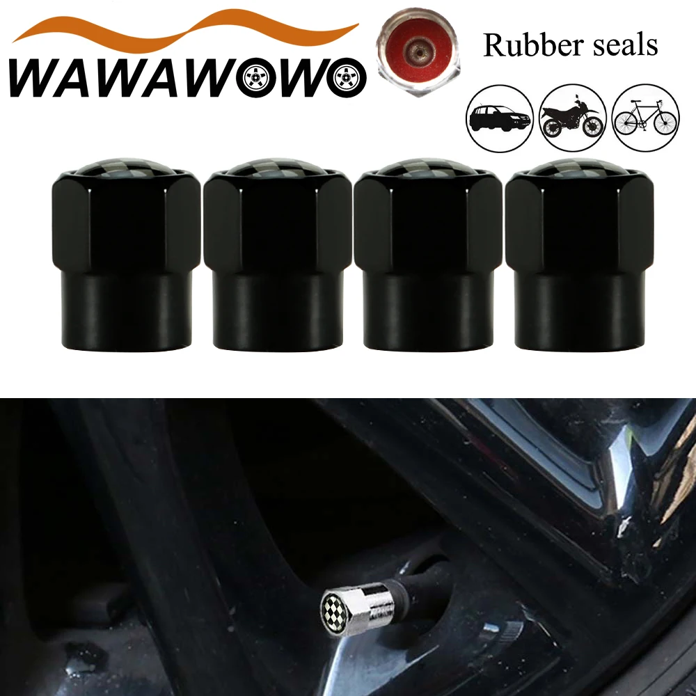 4Pcs/Set Aluminum Alloy/Copper Black and White Check Pattern Auto Wheel Tire Valve Stem Caps Airtight Covers Car Accessories