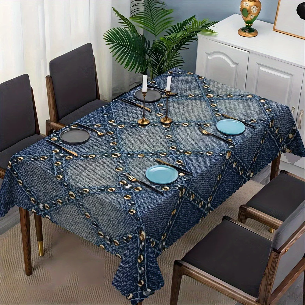 JIT, 1pc beautiful blue denim diamond-shaped geometric and gemstone pattern printed rectangular tablecloth.zyc