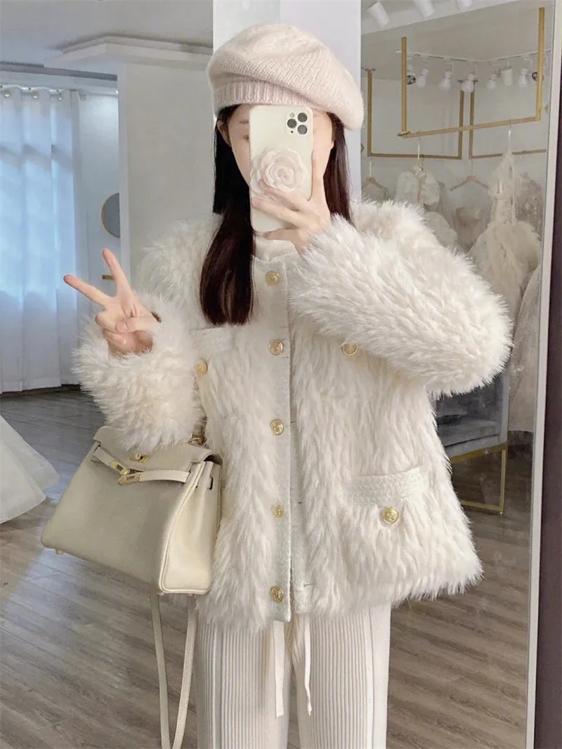 Set of Women's 2023 Autumn/Winter New Style Celebrity  Lamb Wool Coat Korean Version Top High Waist Straight Trouser Two Piece