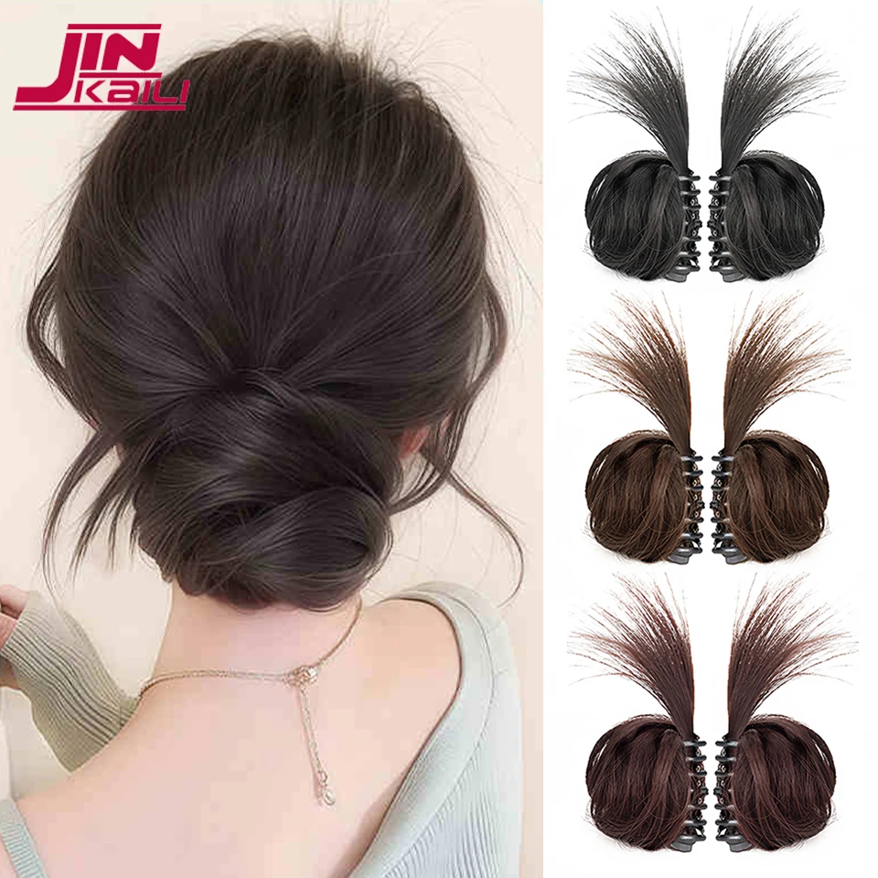 

JINKAILI Synthetic Half-tie Double Hair Bun Messy Cat's Ear Hair Bun Low Claw Chignon Wrap Around Hairtail Extension for Women