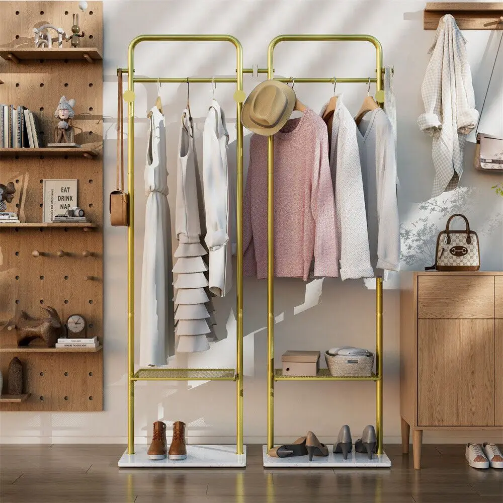 

Freestanding Metal Coat Rack Corner Entryway Garment Stand Rod Shoe Shelves